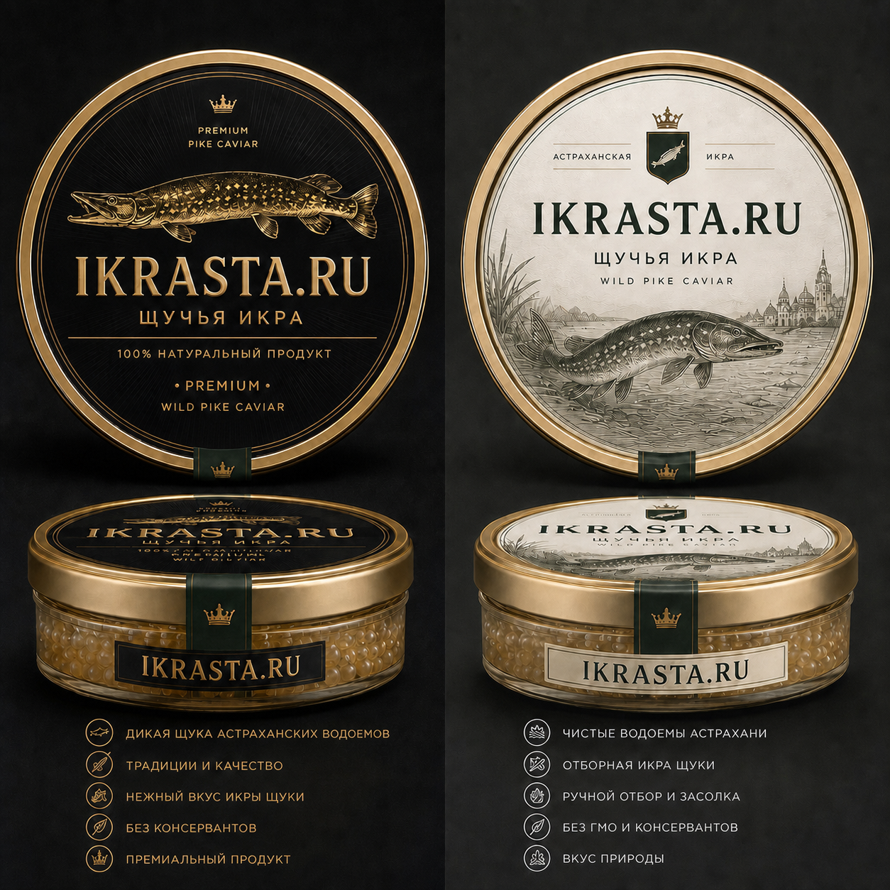 Концепции чёрной и светлой упаковки IKRASTA для натуральной щучьей икры